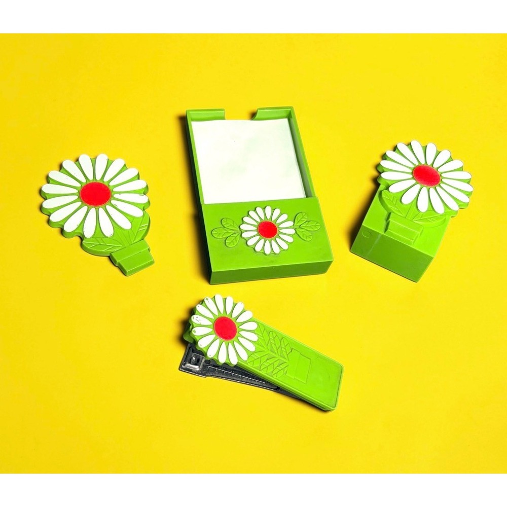 VTG RARE 4PC 🌼 SPRINGBOK DESK SET DAISY DESK TOPPERS GREEN HALLMARK 1970'S